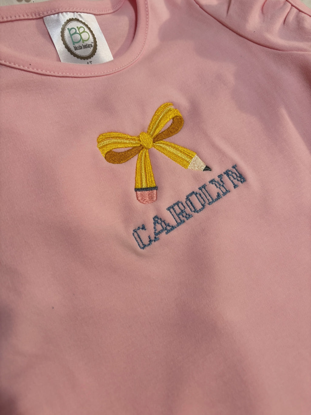 Personalized Pencil Bow Puff Sleeve Shirt | Embroidered Back to School Girls Top