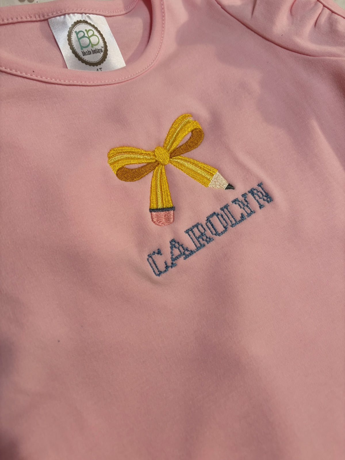 Personalized Pencil Bow Puff Sleeve Shirt | Embroidered Back to School Girls Top