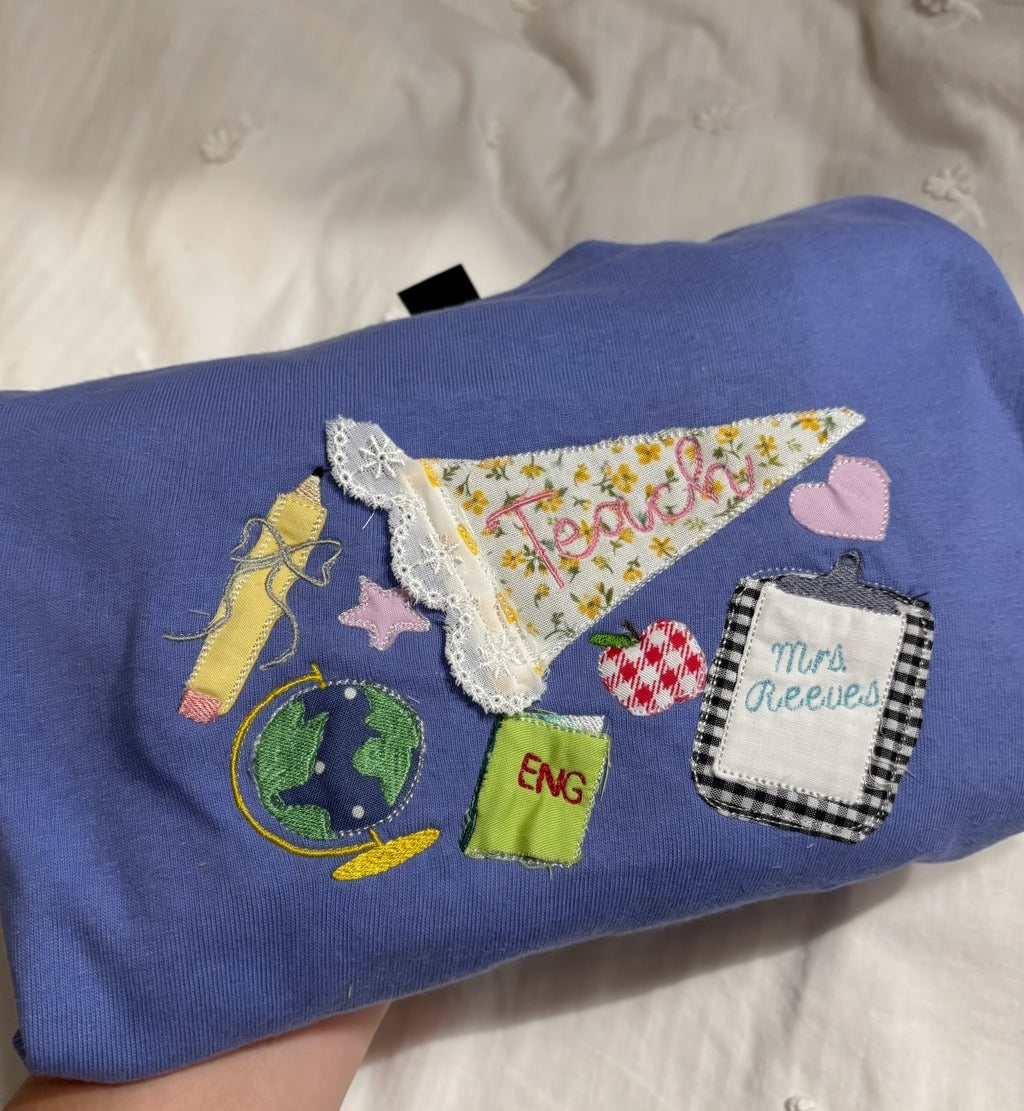 Patchwork Applique Teacher Shirt | Custom Embroidered Teacher Tee