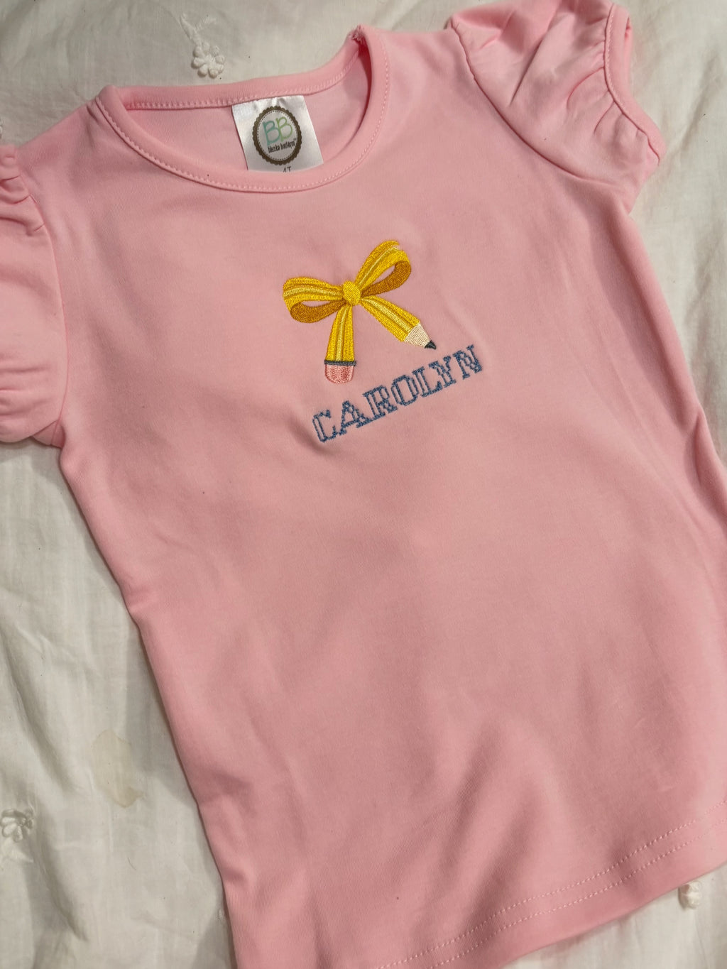 Personalized Pencil Bow Puff Sleeve Shirt | Embroidered Back to School Girls Top