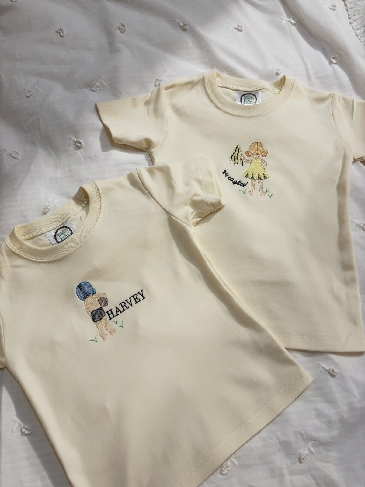 Kids Embroidered Spirit Shirt | Cheer Girl & Football Boy Silhouette | Personalized Game Day Tee