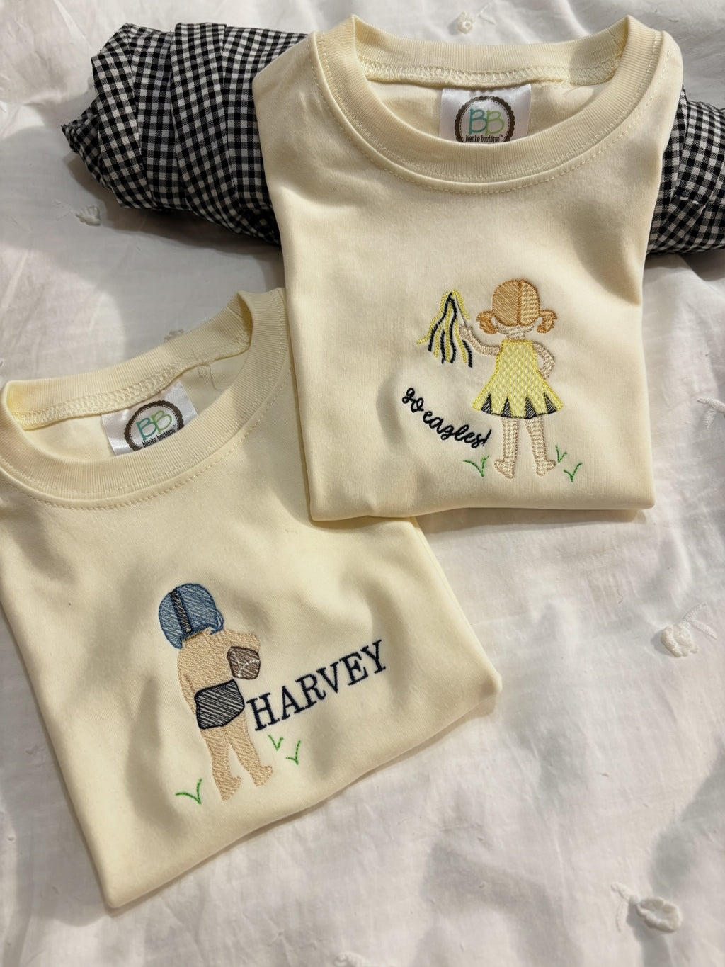 Kids Embroidered Spirit Shirt | Cheer Girl & Football Boy Silhouette | Personalized Game Day Tee