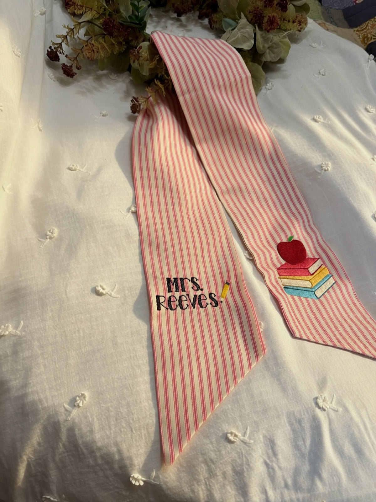 Teacher & School Staff Wreath Sash | Embroidered Name + Design
