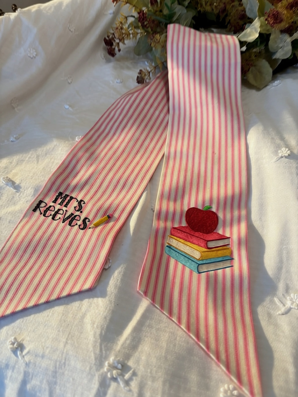 Teacher & School Staff Wreath Sash | Embroidered Name + Design