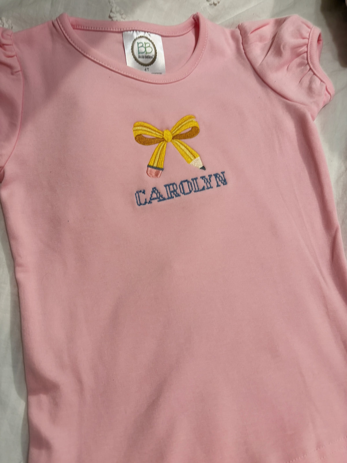 Personalized Pencil Bow Puff Sleeve Shirt | Embroidered Back to School Girls Top