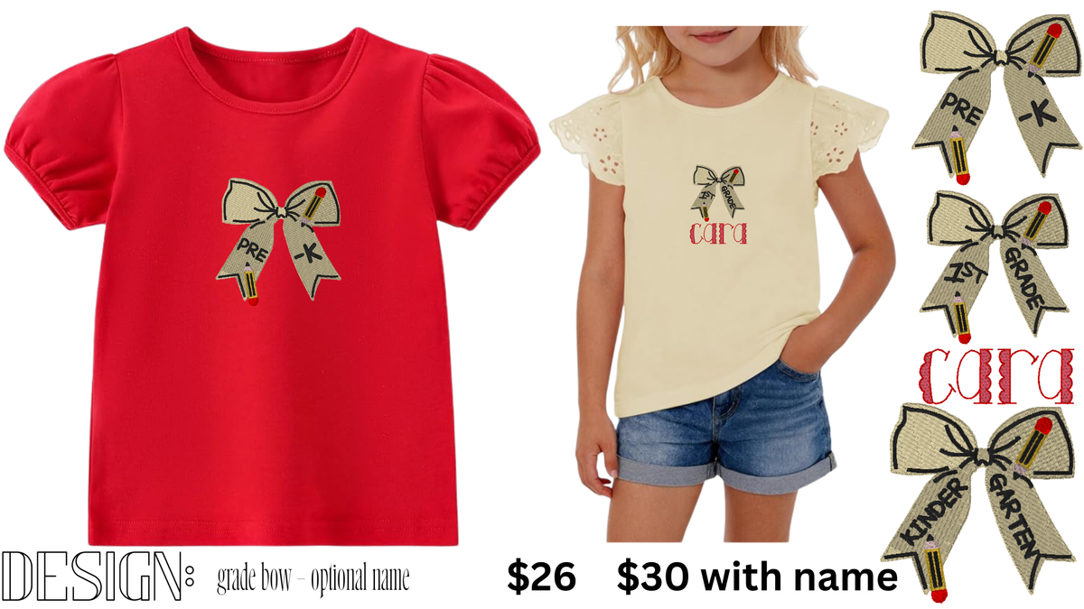Girls Grade Bow Shirt | Embroidered Back to School Shirt
