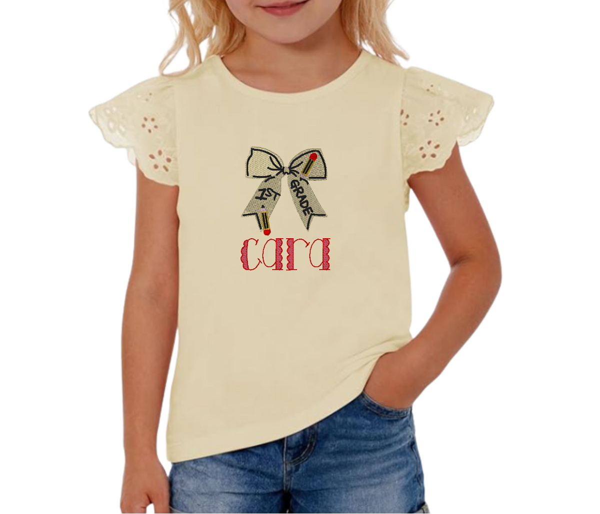 Girls Grade Bow Shirt | Embroidered Back to School Shirt